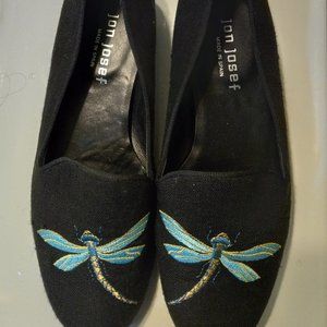 Jon Josef Black Linen Gatsby Dragonfly Embroidered Loafers Flats
